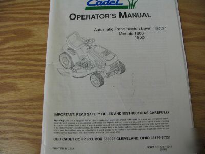 Cub cadet 1600 1800 lawn tractor operators manual