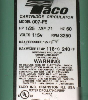 Cast iron taco circulator pump 007-F5 125 psi surplus