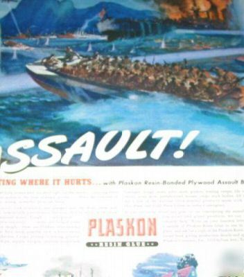 Plaskon resin glue - ww ii assault boats art -1942 ad