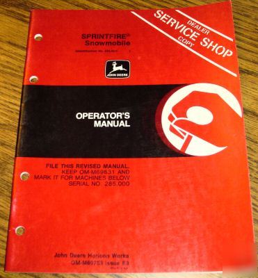 John deere sprintfire snowmobile operator's manual book