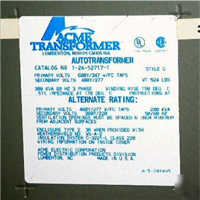 300 kva acme transformer, 600Y/347 w/ tap - 480Y/277 v