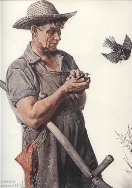 Norman rockwell farmer & birds farm nature man print