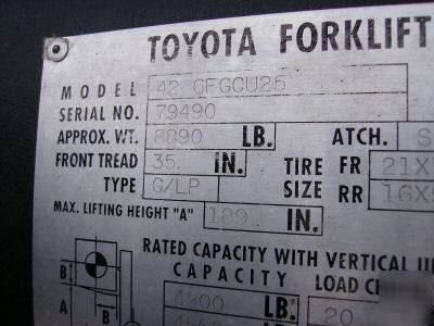 Toyota lpg forklift, 5,000 lbs capacity, cushion
