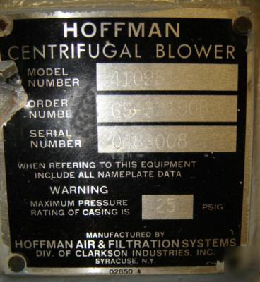 10 hp hoffman 4109B1 multistage exhauster (4592)