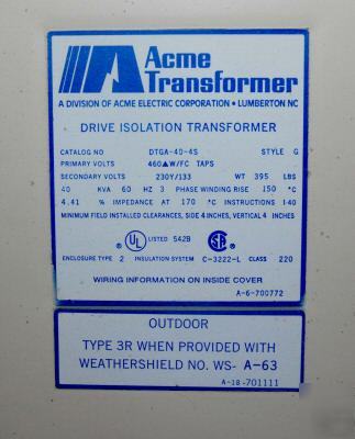 Acme drive isolation 40 kvatransformer: catalogue #dtga