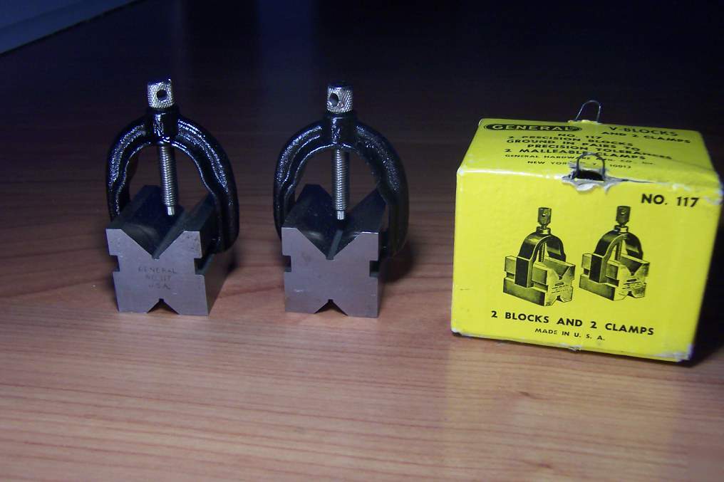 Pair of general v-blocks and clamps no. 117 with box