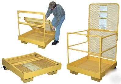 Fold down work platform attaches to fork truck