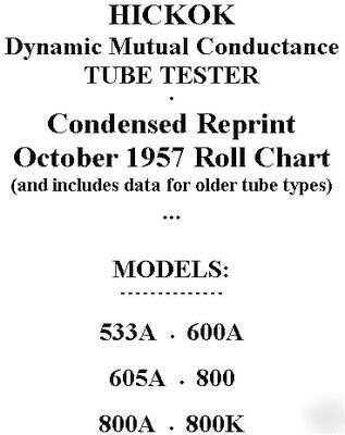 Hickok tube tester roll chart 533A 600A 800 800A 800K +
