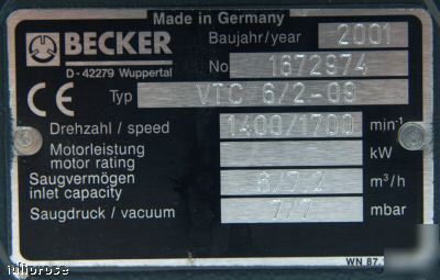 Becker vtc 6/2-09 oil free rotary vane vacuum pump