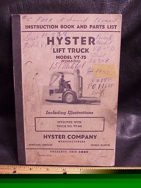 Hyster vt-75 fork lift truck owners parts manual old